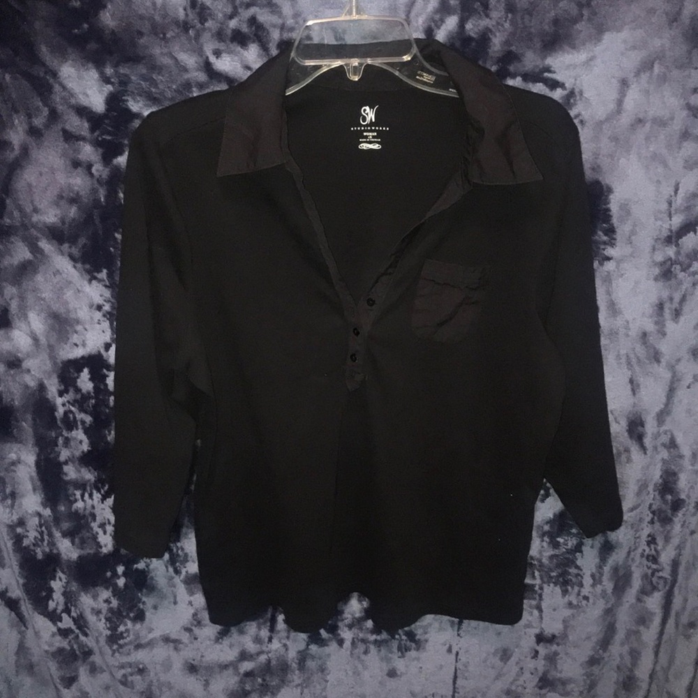 SW black 3/4 sleeves collar top v neck
